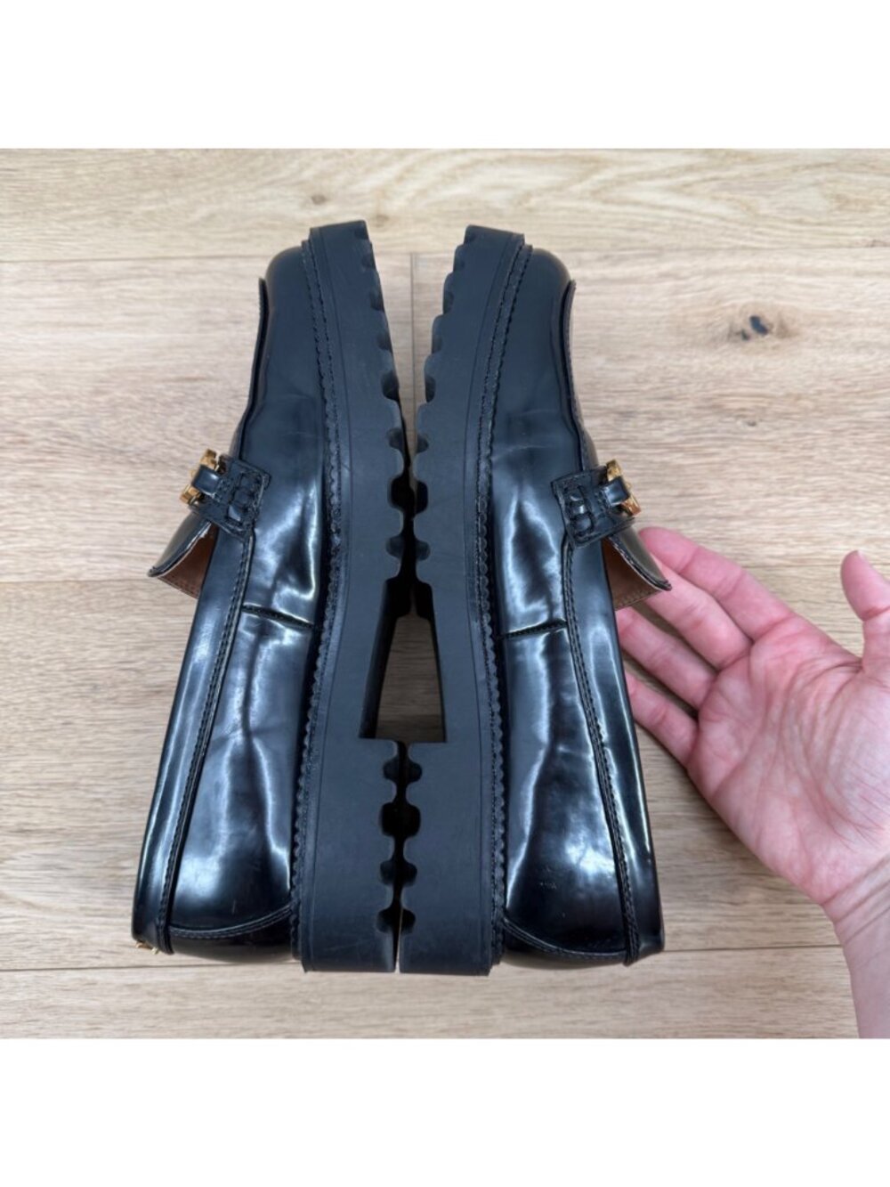 Circus Sam Edelman Ella Lug Sole Loafer Shoe Size 10 Black Patent Gold Platform - Picture 7 of 14